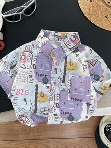 Korean Style Cute Kids Short Sleeve Floral Shirt, Purple Graffiti All-Over Letter Print, Personalized Hand-Drawn Cartoon Letter Print, Suitable For Summer Outings And Home Wear - Purple - View 2
