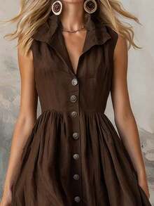 Vestido de graduación Vestido de mujer de unicolor con diseño elegante y detalles de botones delanteros, adecuado para la playa, citas, salidas y el transporte diario - Marron oscuro - Ver 3