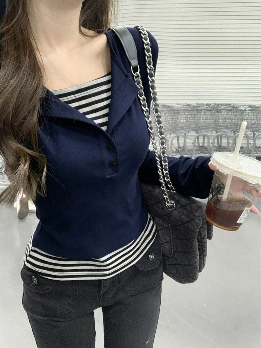 Striped Contrast Button 2 In 1/Deconstructed Office Casual Long Sleeve T-Shirt For Women, Spring & Autumn - Navy Blue - View 1