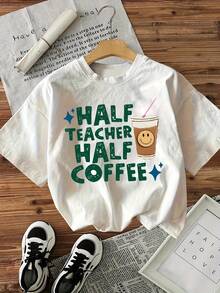 Women's Casual Short-Sleeve T-Shirt, 100% Cotton - Half Teacher, Half Coffee Print, Soft And Breathable Fabric, Loose-Fitting Crew Neck Top For Spring/Summer, Stylish And Fun Printed T-Shirt, Machine Washable For Everyday Wear, Suitable For All Seasons. Can Be Worn As A Base Layer In Spring And Autumn Or On Its Own In Summer. Neutral Style,  Heavyweight Cotton City Boy Top. - 白色 - 查看 12