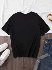 Women's Casual Denim-Style T-Shirt With LOVE Letter Print And Western Elements, Soft Fabric, Loose Fit, Round Neck, Short Sleeves For Spring/Summer Outdoor Parties. Unisex (Retro Style, Fresh And Fresh, Regardless Of Gender) - 黑色 - 查看 5