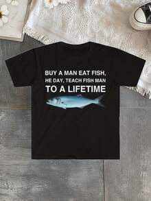Funny Fishing Graphic Tee For Men - "Buy One For A Man, Eat Fish, He Fishes For A Day, Teach Fish For A Man For Life" - Casual Crew Neck T-Shirt With Fish Design - Perfect For Parties, Travel, And Casual Wear - Comfortable Fit For All Seasons, Funny Tees - 黑色 - 查看 1