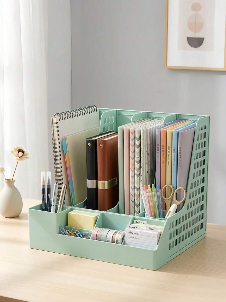 4-Grid Desk Organizer With Pen Holder - Fashionable Office Supplies And File Storage - Single Piece - View 1