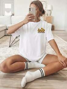 Women's Double-Sided Sunflower Print T-Shirt - Short Sleeve Crew Neck Blouse - Suitable For Casual Wear In All Seasons, Breathable Machine Washable Fabric With Sunflower Field Design, Non-Opaque Top For Layering (No Style Modification) Y2K Style Activewear, Crew Neck, 100% Cotton, Soft Fabric, Short Sleeve. - 白色 - 查看 3