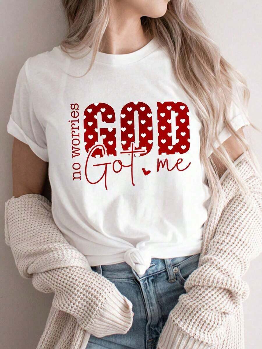 Women's Casual Christian Short Sleeve T-Shirt With Heart Print Inspired By God's Love For Easter, A Fashionable Garment - 黑色 - 查看 1