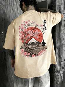 The Hottest Item Of The Summer: Men's Short-Sleeved Crew Neck T-Shirt With Embroidered Sakura And Mountain Print, Minimalist Summer Fashion. | Basic Casual Urban Style T-Shirt, Boyfriend Gift, Stylish, Popular, Party T-Shirt. - 杏色 - 查看 5