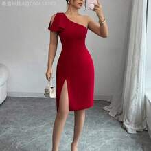 Fengyu Women's Clothing Store  Vestido mini ajustado con hombro asimétrico sexy para mujer - Verde Oscuro - Ver 6
