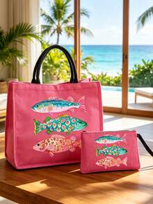 Colorful Fish Pattern Canvas Tote Bag And Wristlet Pouch Set, Reusable Beach Tote Bag With Matching Cosmetic Bag, Ocean Theme Fish Pattern Tote Bag With Black Handle - Multicolor - View 5