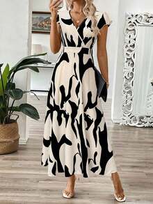 Vestido largo de verano de mujer con cuello en V y estampado floral de hojas, vestido entallado en la cintura con línea A - Multicolor 2 - Ver 7