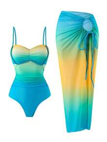 Bonvoyette Conjunto de traje de baño premium para vacaciones en la playa, /verano/otoño, que incluye un bañador de una pieza sexy con estampado digital degradado y tirantes trenzados, combinado con una falda de malla degradada - Verde - Ver 3