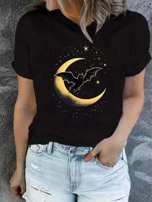 1 Women's Summer Short Sleeve T-Shirt With Print, Modern And Casual, Machine Washable, Comfortable Fit, 2D Flat Print, 180g 100% Cotton. - 黑色_03 - 查看 7