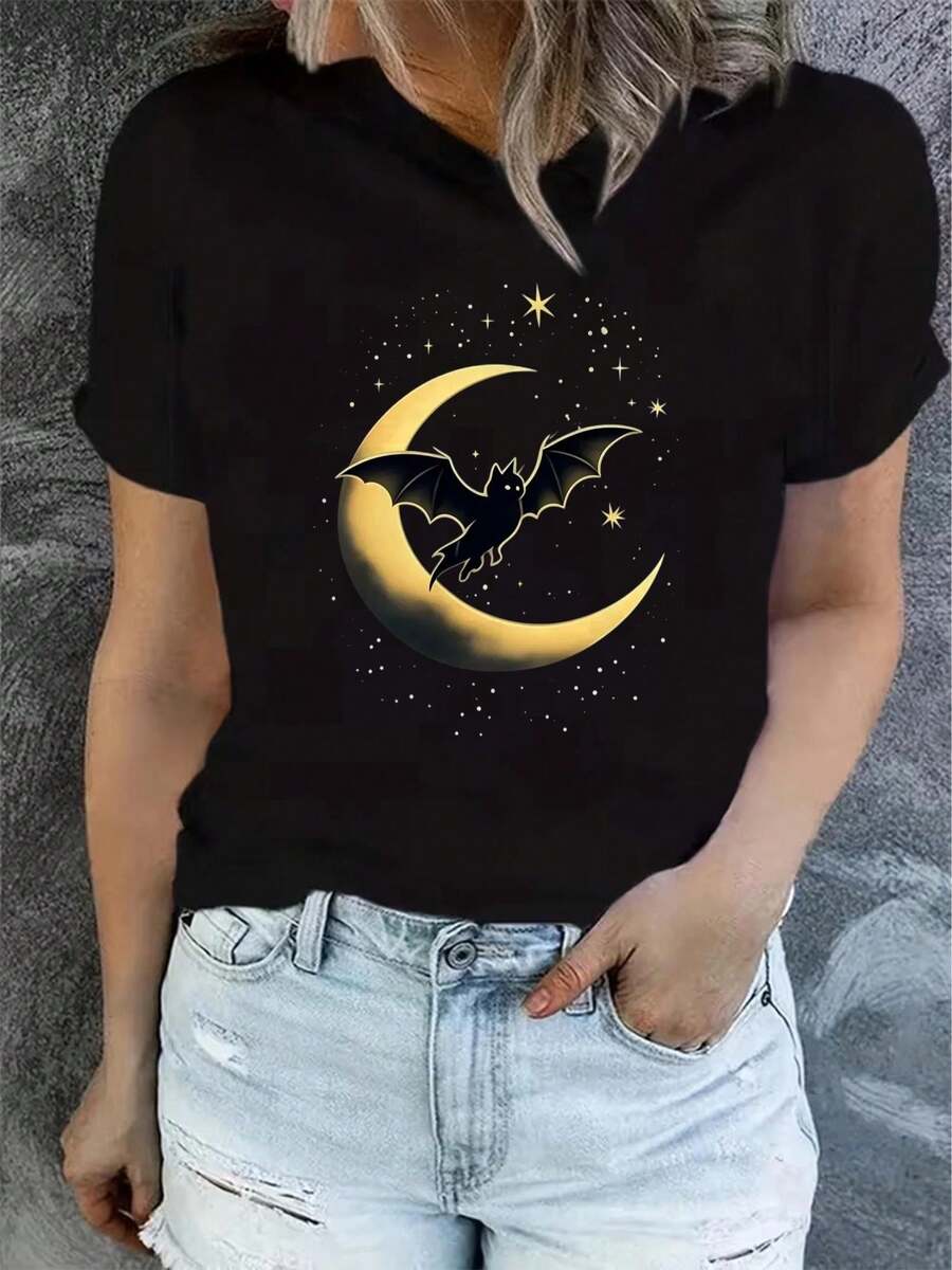 1 Women's Summer Short Sleeve T-Shirt With Print, Modern And Casual, Machine Washable, Comfortable Fit, 2D Flat Print, 180g 100% Cotton. - 黑色_06 - 查看 1
