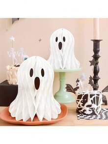 Halloween Honeycomb Paper Balls, Cute White Paper Ghost Decorations, Perfect For Birthday Parties And Theme Parties, Halloween Party Decor, Honeycomb Ball Scene Arrangement, Bar And Mall Ghost Lantern Props - Multicolor - View 5