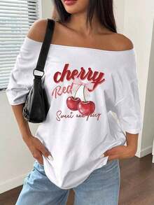 GiftFlirla Women's Loose Fit T-Shirt, White Pomegranate, Asymmetric Neck, Plus Size, Soft - 白色 4 - 查看 5