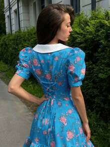 Spring/Summer Casual Style Dress With Collar, Front Buttons, Tie Back And Tie-Dye Print, For Everyday Wear, Western Style, Bohemian, Music Festivals, Vacation, Fairycore Style, Elegant For Women - 淡黃色 - 查看 8