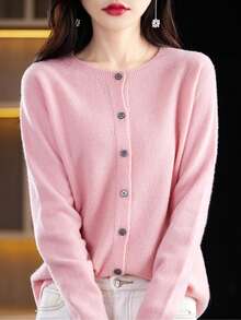 Cárdigan sin Costuras para Mujer| Ultra Suave, Frente Abierto con Detalle de Panal, Color Sólido, Cierre con Botones, Manga Larga, Cuello Redondo, Corte Regular| Elegante Ropa de Trabajo Minimalista para Primavera/Otoño - Beis - Ver 8
