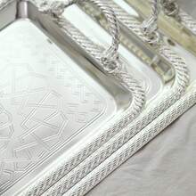 ALMAMARA 1,2,3pcs Luxury Silver-Plated Iron Embossed Islamic Pattern Rectangular Tray, With High-End Twisted Rope Edge And Woven Handle, Elegant Multi-Purpose Tea Tray, Coffee Tray, Suitable For Party, Wedding, High-End Home Decor And Daily Use - Multicolor - View 5