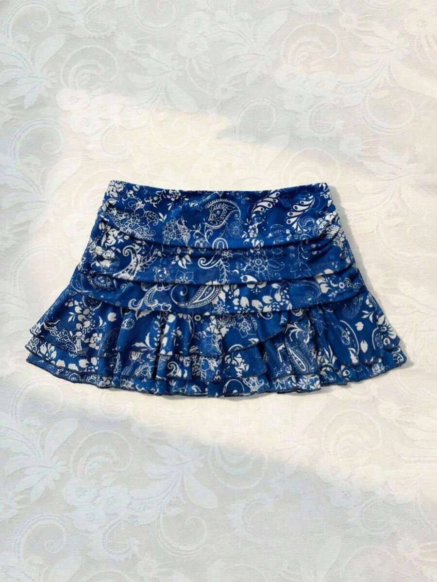 Summer Skirt – Short Cut, Ruffles At The Hem – Perfect For Holiday Or Beach Looks - 海軍藍 - 查看 1