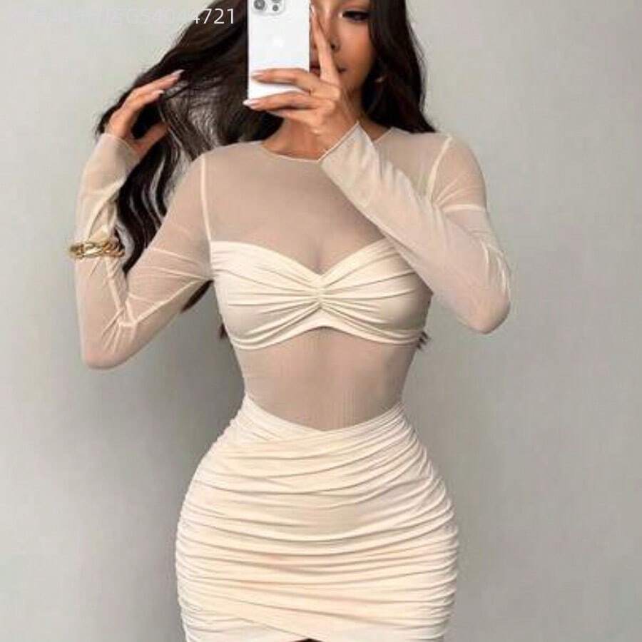 MewMuse. PETITE Vestido corto de mujer con cuello redondo, manga larga, volantes y malla transparente, vestidos de verano para mujer - Albaricoque - Ver 1