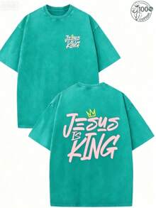 Jesus Is King, Believe In God,God Will Bless You,Classic Retro Fashion Jesus Popular Letter Pattern Printing Boutique 230g Washed Cotton T-Shirt Men's - 湖綠色 - 查看 3