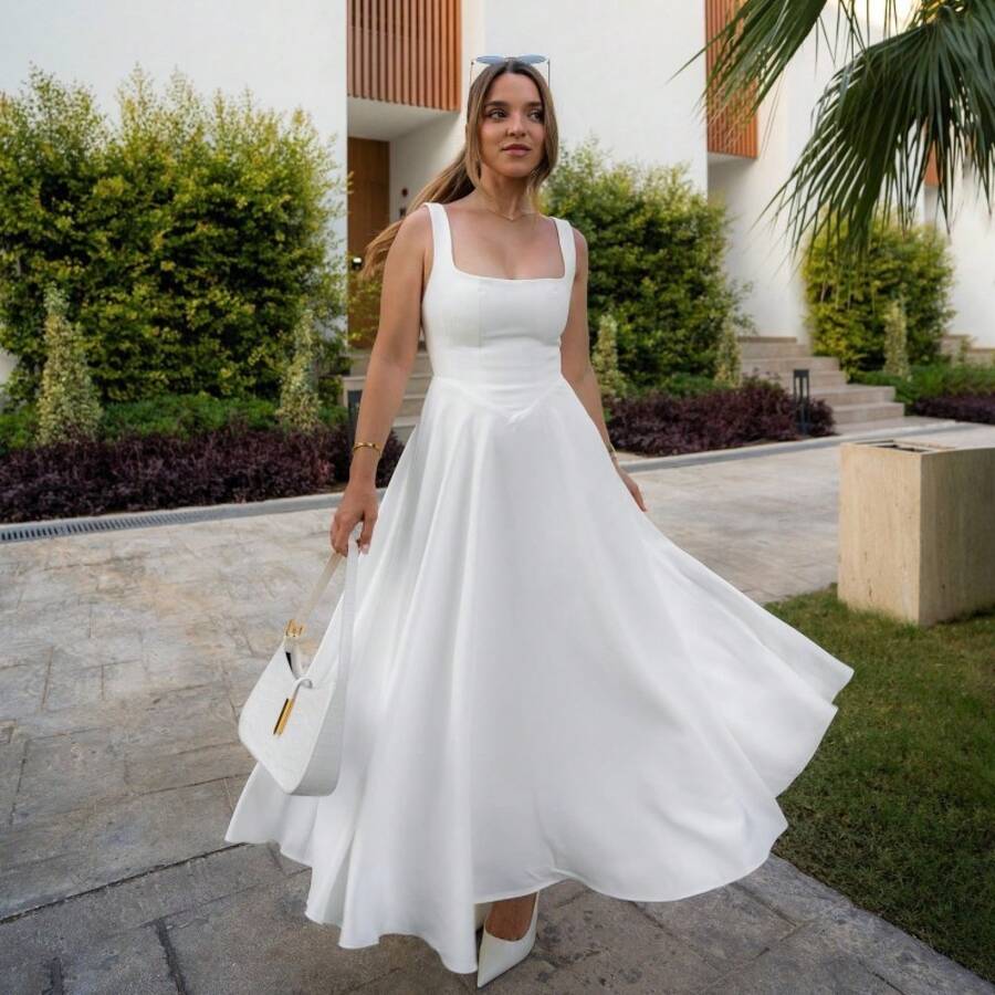 2026 Spring Summer New Women Elegant Solid Square Neck Sleeveless Waist Cinching Strap Dress Casual Bodycon Midi Beach Vacation Outfit - 白色 - 查看 1