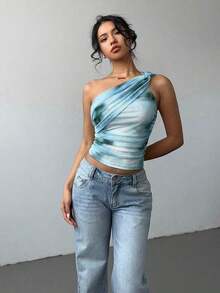 Blusa de hombros descubiertos sin mangas con estampado de teñido anudado, estilo Y2K, de corte ajustado y fruncido con lazo delantero - Azul - Ver 3
