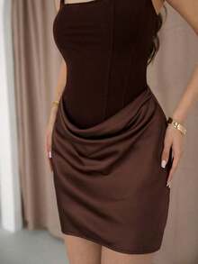 Vestido mini ajustado de unicolor marrón de malla y satén elegante, adecuado para brunch, atuendo de invitado de boda, eventos sociales, vestido de verano, vestido marrón, vestido de fiesta de boda, vestido de fiesta de cumpleaños, vestido elegante - Marrón - Ver 4