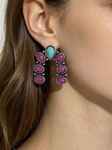 1 Pair Retro Western Style Purple & Blue Faux Turquoise U-Shaped Bohemian Earrings - Antique Silver - View 3