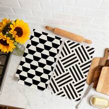 MEMNUN 2pcs Black Geometric Pattern Kitchen Towels, 15.75*23.62in(40*60cm), Made Of Super Soft Microfiber With Strong Absorbency, Perfect For Dish Drying, Tea Cups, Bathroom & Dining Decor, Cooking & Baking - Multicolor - View 7