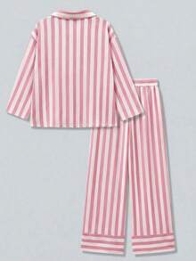 Nuevo conjunto elegante y casual de camisa bohemia a rayas con bolsillo anudado, adecuado para playa, resort, calle y aeropuerto en primavera - Rosa - Ver 5