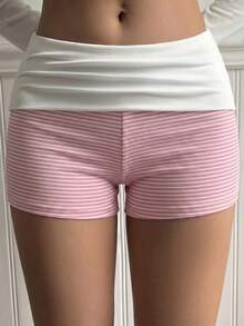 Allurini Pantaloncini rosa a righe stile Y2K girly e solare per donna, vita bassa, design con orlo regolabile, eleganti per l'estate - Rosa - Visualizzare 8