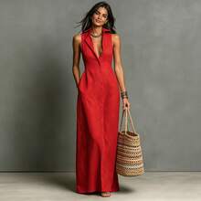 Women Summer Casual Dress New Arrival Solid Color Lapel Collar Button Front Sleeveless Loose Dress With Side Pockets - Màu xanh hải quân - Xem 5