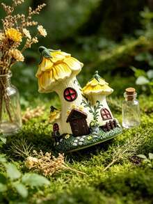 1个黄色花仙子小屋树脂摆件，手工彩绘迷你魔法小屋装饰品，适用于微景观、仙子花园、玻璃容器、多肉植物盆栽、盆景、桌面及户外庭院装饰，奇趣苔藓花园DIY工艺品，可爱梦幻仙子风装饰礼品 - A - 查看 3