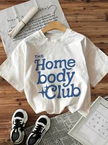 100% Cotton. Summer T-Shirt. 1pac Cartoon Style THE Home Body Club With Letter Print, Short Sleeves And A Round Neck. Casual Summer Style. - 白色 - 查看 6