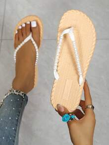Solid Color Fashionable Vacation Cute Beach Polyester (Polyester) Pearl Slippers, Vacation Outdoor Summer - Pearl White - View 3