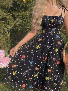 MOD Vestido de verano con estampado total, cuello con lazada en los hombros y cintura ceñida, estilo casual de vacaciones para mujer - Negro - Ver 1