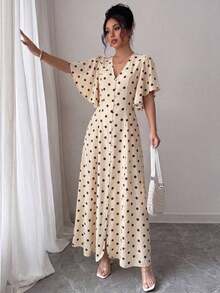 Vestido midi con cuello en V, cintura ceñida, línea A, adornado con botones en el bajo, abertura, mangas abullonadas, en base color albaricoque con grandes lunares marrón oscuro, elegante y vintage francés, apropiado para oficina, paseo, playa, fiesta, hogar, cómodo, estilo bohemio, primavera/verano - Óxido marrón - Ver 10