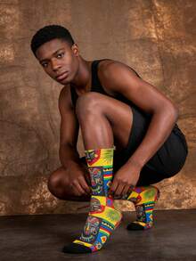 1/3 Pairs African Mid-Calf Socks, African Traditional Mask Design, Men Novelty Socks, Summer Outfit - Multicolor - View 6
