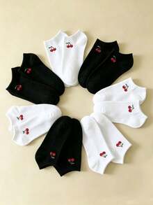1/5/10/20 Pairs Women's Cherry Pattern Black & White Boat Socks, Sweet Breathable Invisible Socks, Suitable For Daily Wear, Sports, Home, All Seasons - Black and White - View 2