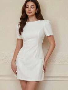 Vestido de manga larga de unicolor con bolsillo plisado, diseño de moda casual - Blanco - Ver 4