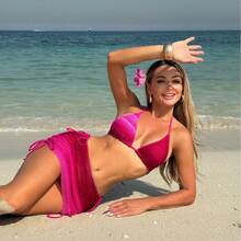 2026 New Gradient Mesh Three-Piece Beach Skirt Sexy Bikini - Hot Pink - View 3