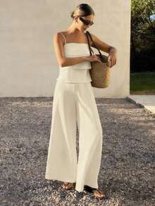 Conjunto de verano para mujer - Top de camiseta blanca con volantes y pantalones casuales, conjunto de 2 piezas para estar en casa - Negro - Ver 9