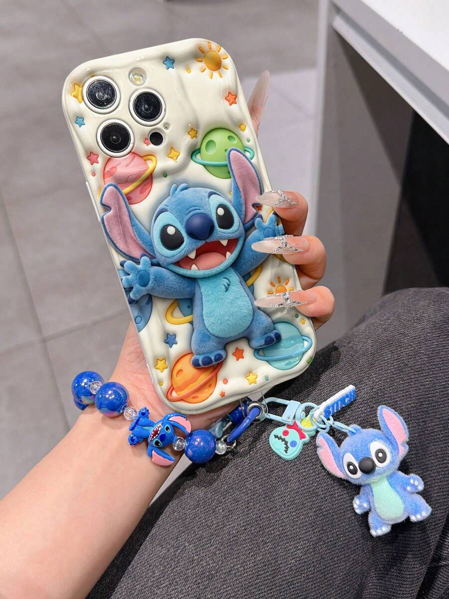 Disney Has Authorized, Phone Case - Chain Set, The Stitch Lilo & Stitch 3D Phone Case Plus A Silicone 3D Stitch Bracelet With Metallic Ring Removable Bracelet, Stitch And Angel Pattern, Compatible With Iphone17/16/15/14/13/12/11/XS/XR/X Plus Pro Max, A Stylish Cartoon Phone Case, The Perfect Gift Choice, Phone Protection, Durable Phone Cover, Great Gift For Friends And Family. - trắng - Xem 1