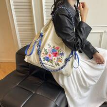 1pc Floral Embroidery Nylon Fabric Large Capacity Open-Top Tote Bag, Adjustable Drawstring Shoulder Strap, Casual Commute & School Bag, Detachable Strap - Multicolor - View 5