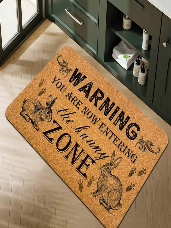 Best Seller! 1pc INS Style American Vintage Rabbit WARNING Flannel Entry Door Mat, Fun Text Non-Slip Floor Mat, Stain-Resistant Easy-To-Clean Foyer Rug, Pet-Friendly Design! Faux Cork Brown Background Paired With American Vintage Sketch Rabbit And Fun Slogan, Bringing American Country, Vintage Relaxed Vibe