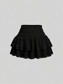Falda mini casual y de resort Y2K con dobladillo de doble capa y ribete de volantes de unicolor - Negro - Ver 2