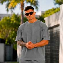 Men's Oversized Textured Casual Basic Plain Premium T-Shirt - Grey - View 1
