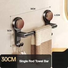 FOOKE Vintage Walnut & Black Strong Suction Cup Single/Double Bar Towel Rack With Hooks, Drill-Free Wall-Mounted Double Bar Suction Cup Towel Rack, Space-Saving Kitchen Storage Multi-Function Wall-Mounted Organizer Rack, Bathroom Accessories - Multicolor - View 11