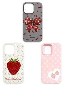 3pcs Cute Cherry Bow Polka Dot Strawberry Heart Print Matte Phone Cases, Including: Black & White Polka Dot Cherry Bow, Milky White Big Strawberry, Pink Polka Dot Strawberry Heart, Coquette Sweet Girl, Korean Ins, Y2K Dopamine, Summer Style, Red Cherry + Brown Bow + White Polka Dot + Strawberry + Heart, Suitable For Young Girls, Mothers Day, Valentines Day, Birthday, Easter, Spring - Multicolor - View 15