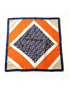 CHICSCARF 90x90cm 幾何印花聚酯纖維正方形圍巾，極簡奢華風，橘色與海軍藍配色，多用途頭巾 - 彩色 - 查看 3